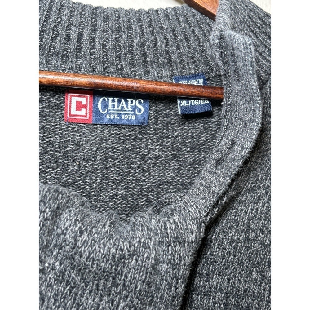 CHAPS Men's Grey Henley Cotton Knit Sweater XL w/Brown Suede Elbow Patches - Picture 3 of 8